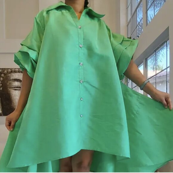 ✨ Swing Into Style – Faux Silk Ruffle Sleeve Dress ✨ - Picture 1 of 4